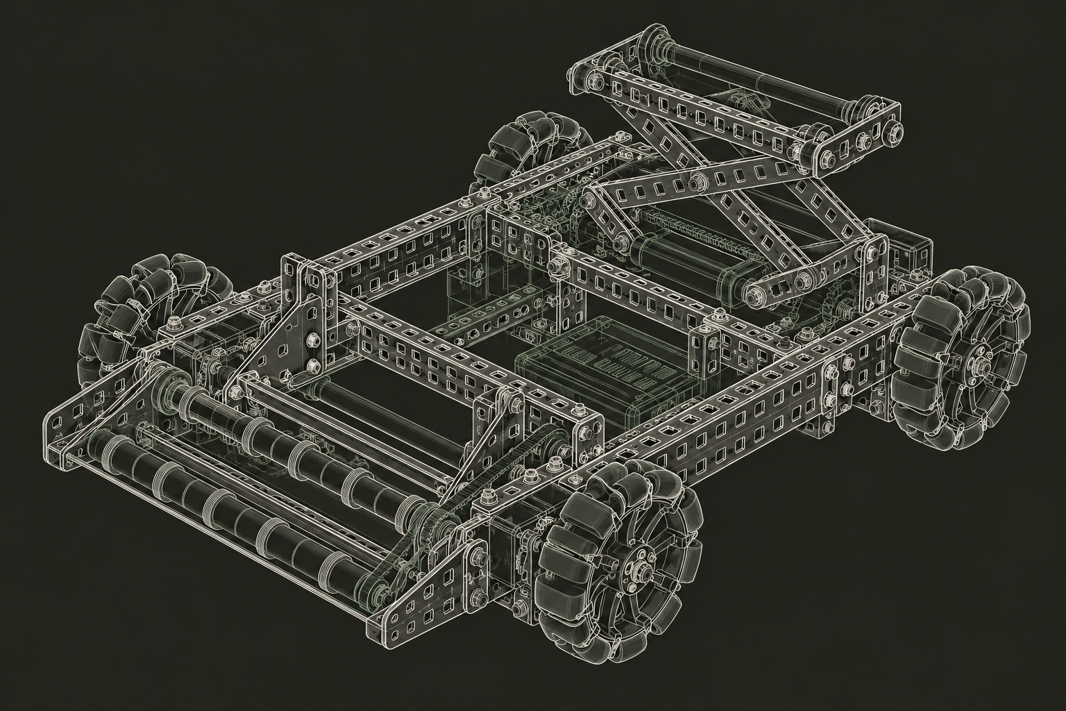 Original technical illustration of a VEX-style robot in fine warm-white lines on a dark olive background