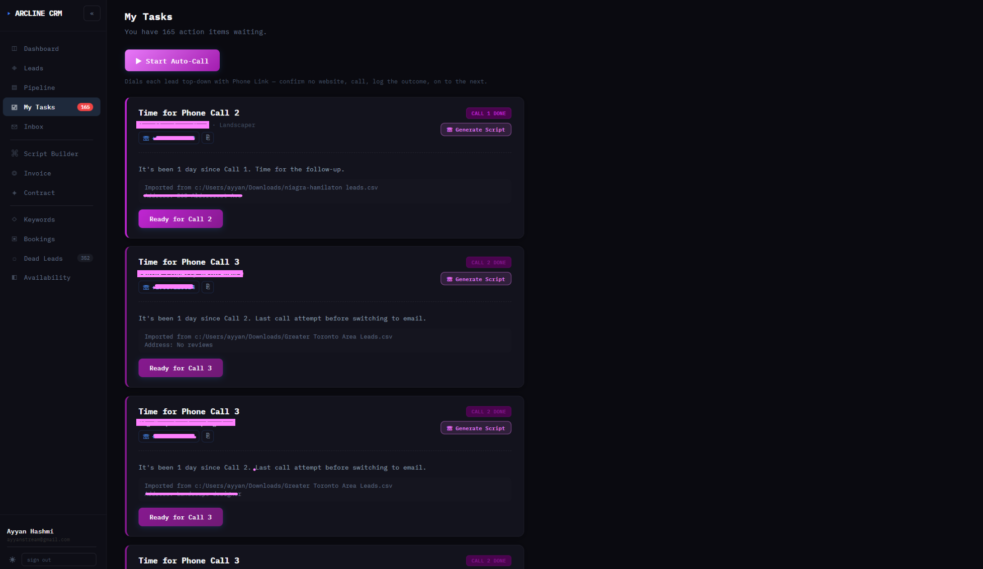 ArcLine CRM — auto-call task queue
