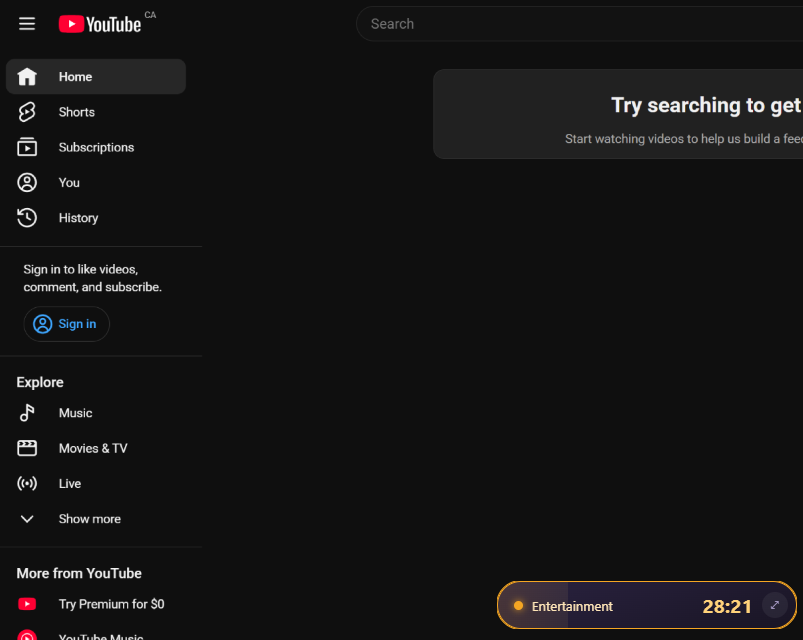 Hourglass auto-switching to Entertainment on YouTube