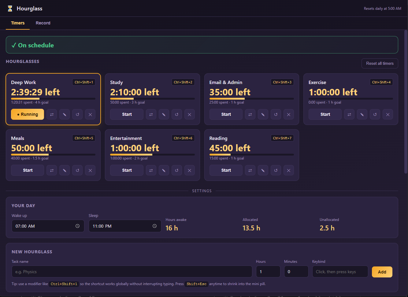 Hourglass timers — your day split into hourglasses